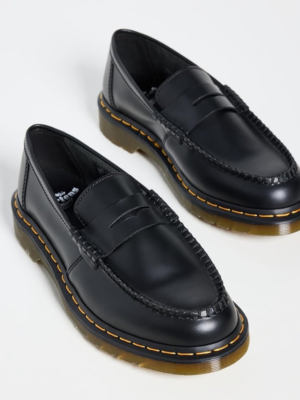 Dr. Martens Black Leather Penny Loafers with Yellow Stitching